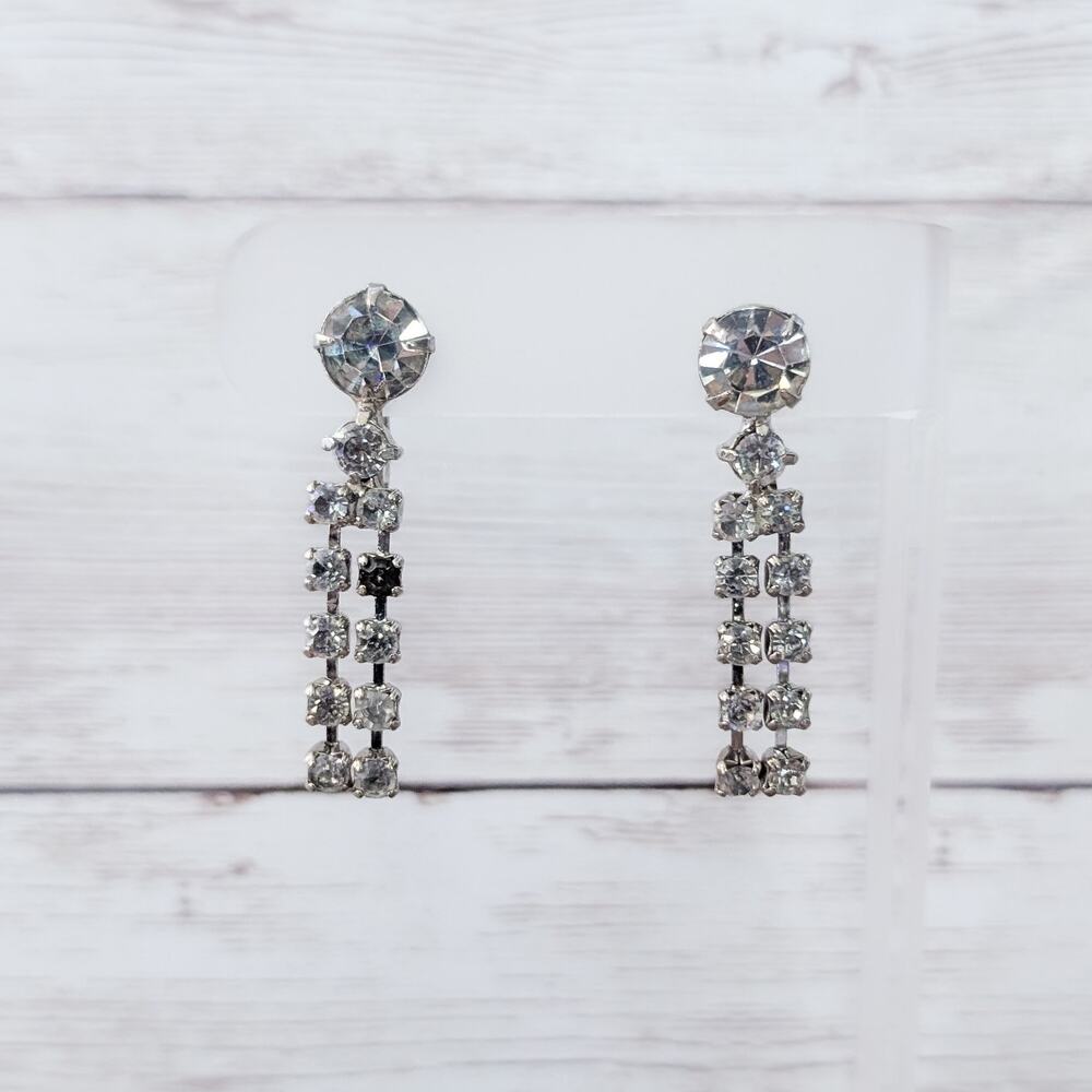 Vintage Screw On Earrings - Clear Stones Double Strand Dangle 1 & 3/8"